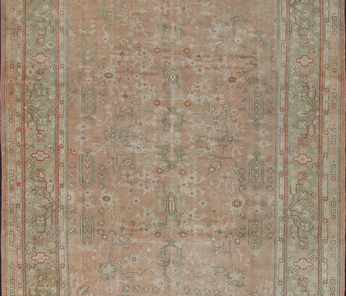 Classic All Over Design Antique Oushak Rug in Light Coral and Light Gray Green, Keivan Woven Arts / rug /EN - 142045, country of origin / type: Turkey / Oushak, circa Early - 20th century , Classic Oushak Decorative Rug. Measures: 8'0 x 10'9. ... - Keivan Woven ArtsEN - 142045 - 8032Rug