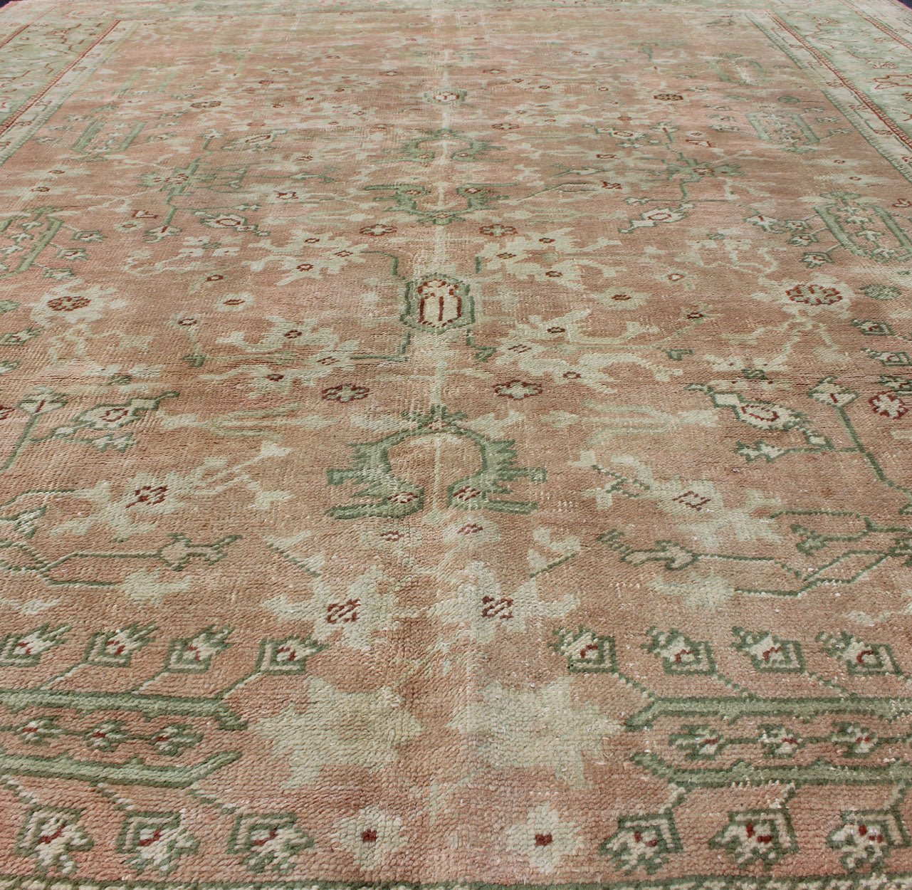 Classic All Over Design Antique Oushak Rug in Light Coral and Light Gray Green, Keivan Woven Arts / rug /EN - 142045, country of origin / type: Turkey / Oushak, circa Early - 20th century , Classic Oushak Decorative Rug. Measures: 8'0 x 10'9. ... - Keivan Woven ArtsEN - 142045 - 8032Rug