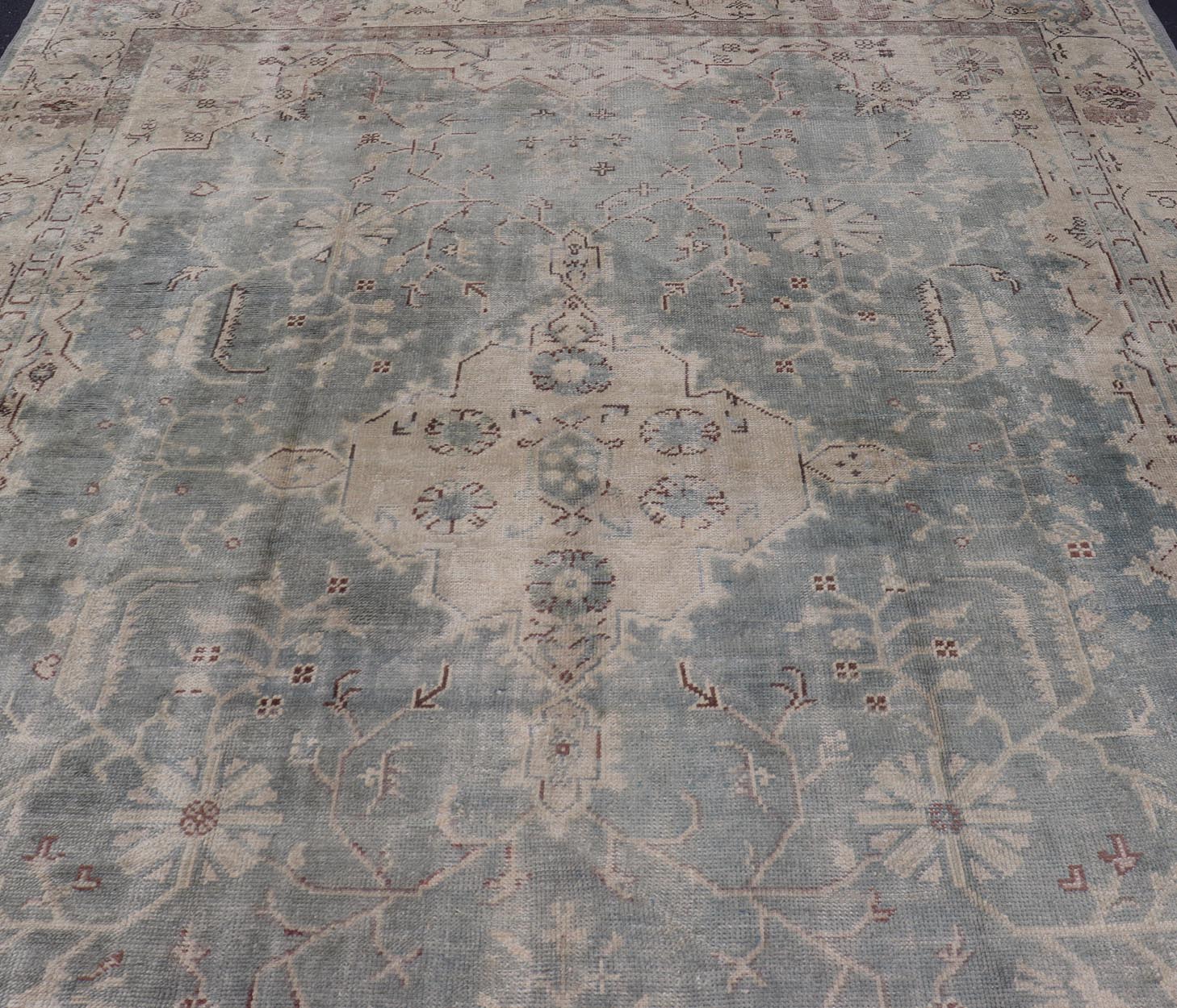 Antique Turkish Oushak Rug with Medallion With Light Gray - Blue, Cream, and Brown. Keivan Woven Arts / rug EN - 142046, country of origin / type: Turkey / Oushak, circa Early - 20th century. Measures: 10'9 x 14'2. Classical designs and muted colors a... - Keivan Woven ArtsEN - 142046 - 8038Rug