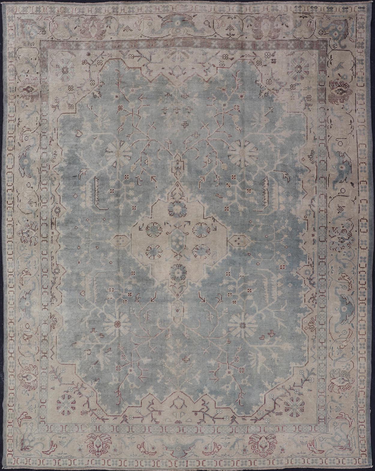 Antique Turkish Oushak Rug with Medallion With Light Gray - Blue, Cream, and Brown. Keivan Woven Arts / rug EN - 142046, country of origin / type: Turkey / Oushak, circa Early - 20th century. Measures: 10'9 x 14'2. Classical designs and muted colors a... - Keivan Woven ArtsEN - 142046 - 8038Rug