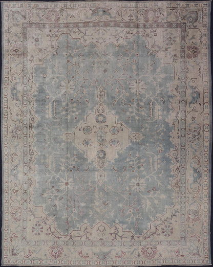 Antique Turkish Oushak Rug with Medallion With Light Gray - Blue, Cream, and Brown. Keivan Woven Arts / rug EN - 142046, country of origin / type: Turkey / Oushak, circa Early - 20th century. Measures: 10'9 x 14'2. Classical designs and muted colors a... - Keivan Woven ArtsEN - 142046 - 8038Rug