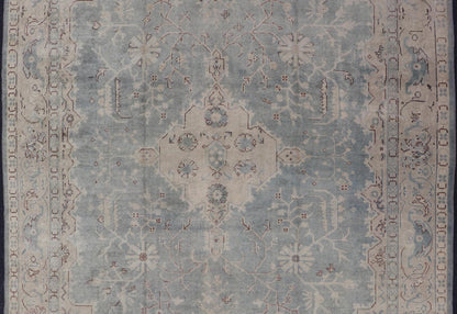 Antique Turkish Oushak Rug with Medallion With Light Gray - Blue, Cream, and Brown. Keivan Woven Arts / rug EN - 142046, country of origin / type: Turkey / Oushak, circa Early - 20th century. Measures: 10'9 x 14'2. Classical designs and muted colors a... - Keivan Woven ArtsEN - 142046 - 8038Rug