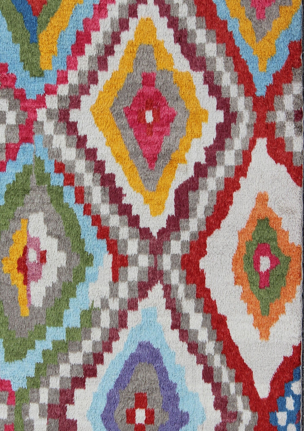 Modern Turkish Angora Tulu Rug with Colorful Diamond Design Measures: 8'6'' X 12'3''. This modern Tulu rug showcases a free - spirited design and stunning colors, such as blue, purple, green, red, yellow, and light blue - grey, all set on an ivor... - Keivan Woven ArtsEN - 142119 - 7841Rug