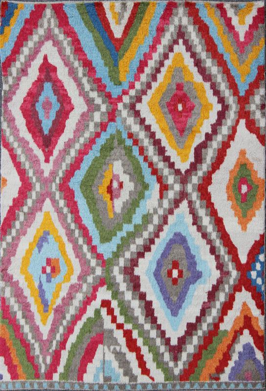 Modern Turkish Angora Tulu Rug with Colorful Diamond Design Measures: 8'6'' X 12'3''. This modern Tulu rug showcases a free - spirited design and stunning colors, such as blue, purple, green, red, yellow, and light blue - grey, all set on an ivor... - Keivan Woven ArtsEN - 142119 - 7841Rug