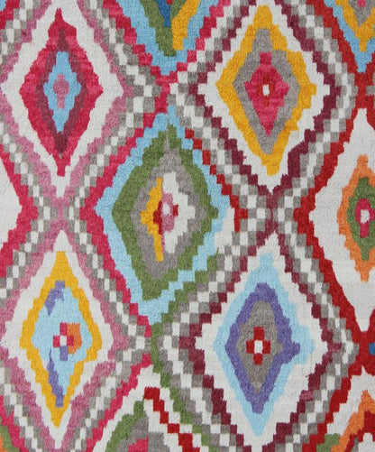 Modern Turkish Angora Tulu Rug with Colorful Diamond Design Measures: 8'6'' X 12'3''. This modern Tulu rug showcases a free - spirited design and stunning colors, such as blue, purple, green, red, yellow, and light blue - grey, all set on an ivor... - Keivan Woven ArtsEN - 142119 - 7841Rug