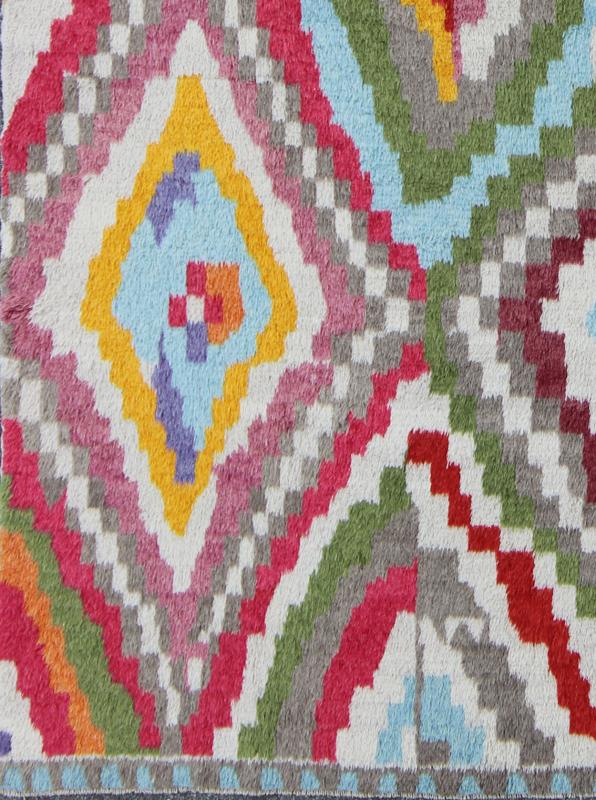 Modern Turkish Angora Tulu Rug with Colorful Diamond Design Measures: 8'6'' X 12'3''. This modern Tulu rug showcases a free - spirited design and stunning colors, such as blue, purple, green, red, yellow, and light blue - grey, all set on an ivor... - Keivan Woven ArtsEN - 142119 - 7841Rug