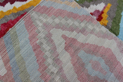 Modern Turkish Angora Tulu Rug with Colorful Diamond Design Measures: 8'6'' X 12'3''. This modern Tulu rug showcases a free - spirited design and stunning colors, such as blue, purple, green, red, yellow, and light blue - grey, all set on an ivor... - Keivan Woven ArtsEN - 142119 - 7841Rug