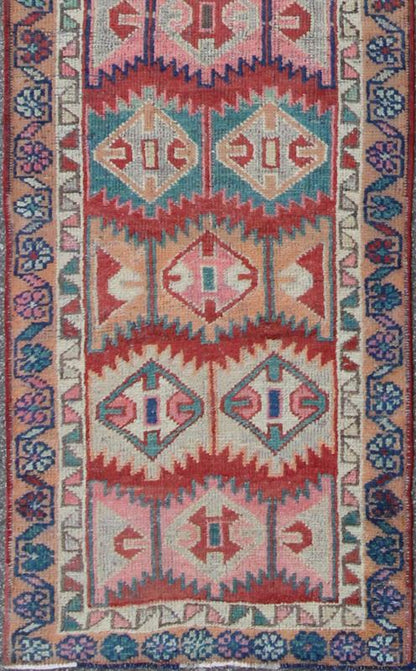 Unique and Colorful Turkish Oushak Runner with Intricate Geometric Pattern kwarugs This Turkish Oushak runner features repeating geometric motifs of varying size, shape, and color. The two borders are an extension of this colorful geometric them... - Keivan Woven ArtsEN - 142153 - 8329Rug