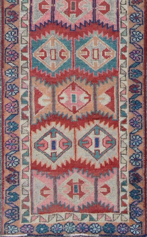 Unique and Colorful Turkish Oushak Runner with Intricate Geometric Pattern kwarugs This Turkish Oushak runner features repeating geometric motifs of varying size, shape, and color. The two borders are an extension of this colorful geometric them... - Keivan Woven ArtsEN - 142153 - 8329Rug