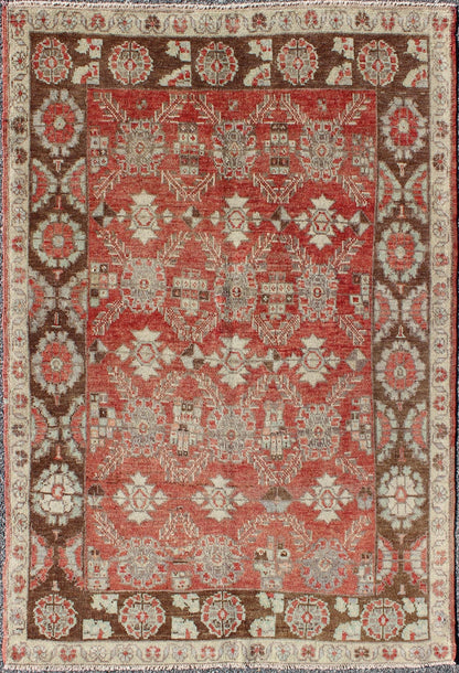 Vintage Turkish Oushak Rug With Interconnected Floral Designs in Red, Brown & Light Green' Vintage Oushak Carpet with Interconnected Floral Designs. Keivan Woven Arts rug# EN - 142192 origin/turkey Measures: 3'8 x 5'6 This vintage O... - Keivan Woven ArtsEN - 142192 - 7723Rug