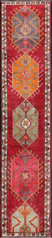 Vintage Turkish Oushak Runner with Bright and Colorful Medallion Design Measures: 2'10'' x 12'10''. This Oushak carpet from mid - 20th century Turkey features a stunning multi - medallion design rendered in geometric patterns enclosed within a re... - Keivan Woven ArtsEN - 142216 - 7727Rug