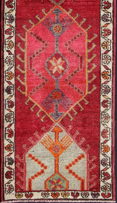 Vintage Turkish Oushak Runner with Bright and Colorful Medallion Design Measures: 2'10'' x 12'10''. This Oushak carpet from mid - 20th century Turkey features a stunning multi - medallion design rendered in geometric patterns enclosed within a re... - Keivan Woven ArtsEN - 142216 - 7727Rug