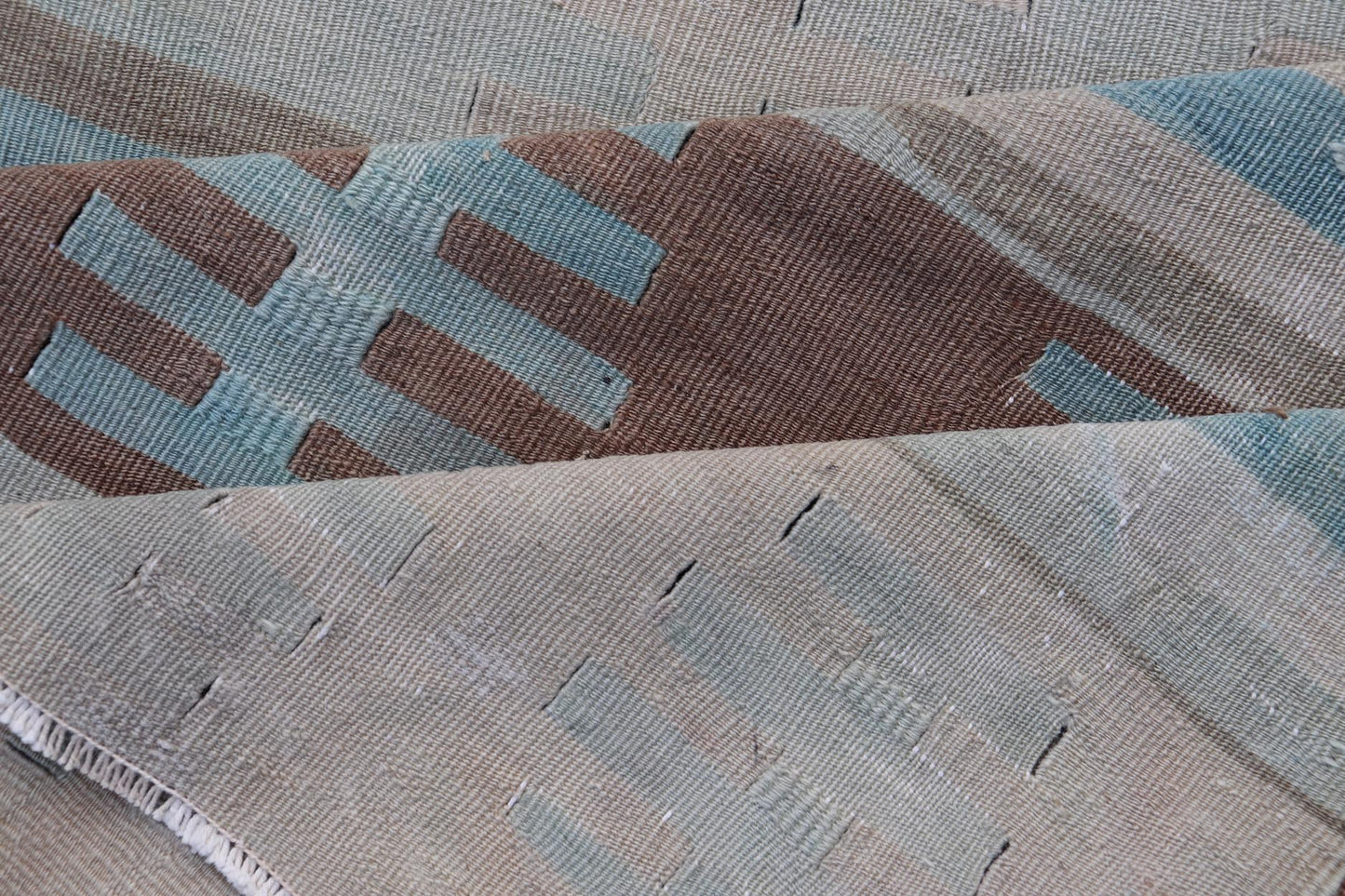 Vintage Turkish Long Kilim Runner with Stripe And Tribal Design in Muted Colors. Minimalist stripe design Kilim runner from Turkey, rug EN - 14223, country of origin / type: Turkey / Kilim, circa 1950 Measures: 3'10 x 13'2 This vintage flat - woven ... - Keivan Woven ArtsEN - 14223 - 23565Rug