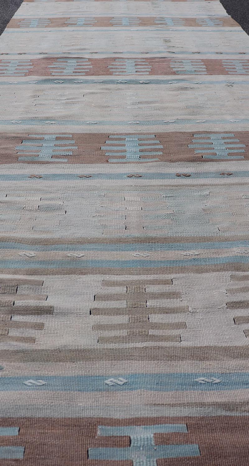 Vintage Turkish Long Kilim Runner with Stripe And Tribal Design in Muted Colors. Minimalist stripe design Kilim runner from Turkey, rug EN - 14223, country of origin / type: Turkey / Kilim, circa 1950 Measures: 3'10 x 13'2 This vintage flat - woven ... - Keivan Woven ArtsEN - 14223 - 23565Rug
