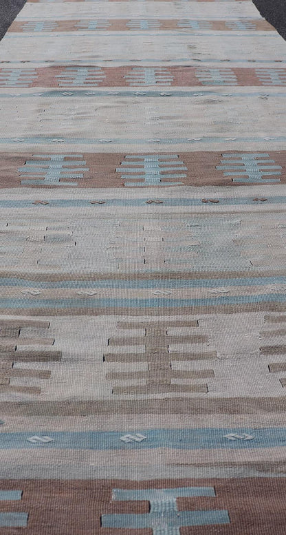 Vintage Turkish Long Kilim Runner with Stripe And Tribal Design in Muted Colors. Minimalist stripe design Kilim runner from Turkey, rug EN - 14223, country of origin / type: Turkey / Kilim, circa 1950 Measures: 3'10 x 13'2 This vintage flat - woven ... - Keivan Woven ArtsEN - 14223 - 23565Rug