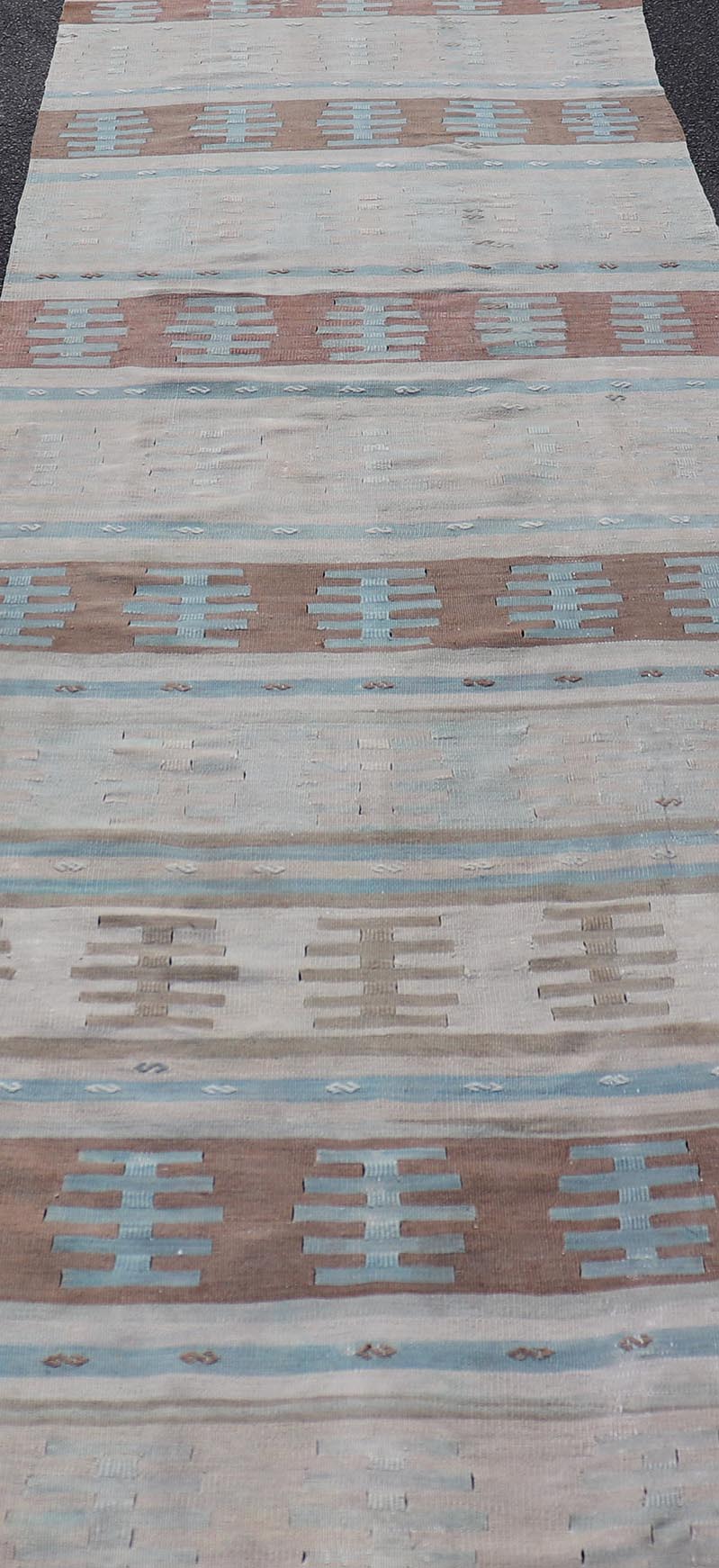 Vintage Turkish Long Kilim Runner with Stripe And Tribal Design in Muted Colors. Minimalist stripe design Kilim runner from Turkey, rug EN - 14223, country of origin / type: Turkey / Kilim, circa 1950 Measures: 3'10 x 13'2 This vintage flat - woven ... - Keivan Woven ArtsEN - 14223 - 23565Rug