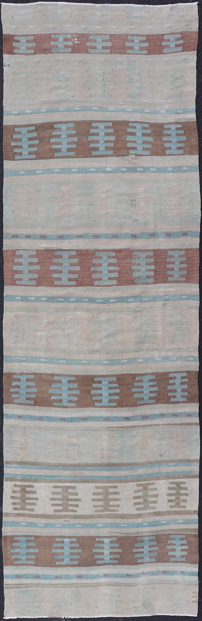 Vintage Turkish Long Kilim Runner with Stripe And Tribal Design in Muted Colors. Minimalist stripe design Kilim runner from Turkey, rug EN - 14223, country of origin / type: Turkey / Kilim, circa 1950 Measures: 3'10 x 13'2 This vintage flat - woven ... - Keivan Woven ArtsEN - 14223 - 23565Rug