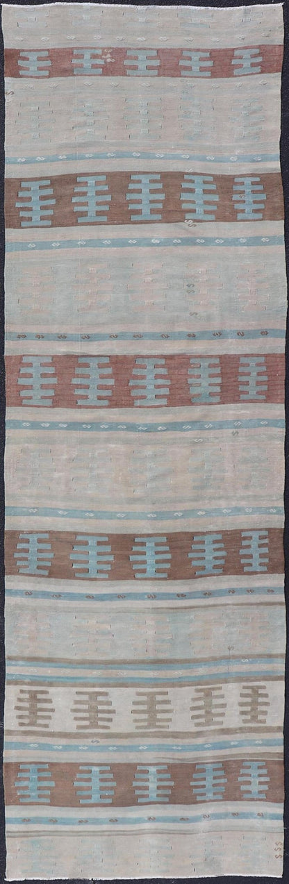 Vintage Turkish Long Kilim Runner with Stripe And Tribal Design in Muted Colors. Minimalist stripe design Kilim runner from Turkey, rug EN - 14223, country of origin / type: Turkey / Kilim, circa 1950 Measures: 3'10 x 13'2 This vintage flat - woven ... - Keivan Woven ArtsEN - 14223 - 23565Rug