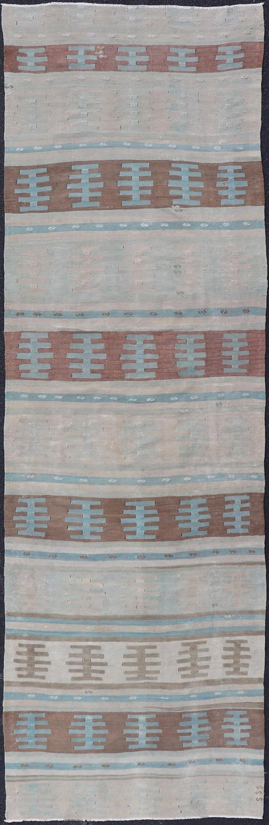 Vintage Turkish Long Kilim Runner with Stripe And Tribal Design in Muted Colors. Minimalist stripe design Kilim runner from Turkey, rug EN - 14223, country of origin / type: Turkey / Kilim, circa 1950 Measures: 3'10 x 13'2 This vintage flat - woven ... - Keivan Woven ArtsEN - 14223 - 23565Rug