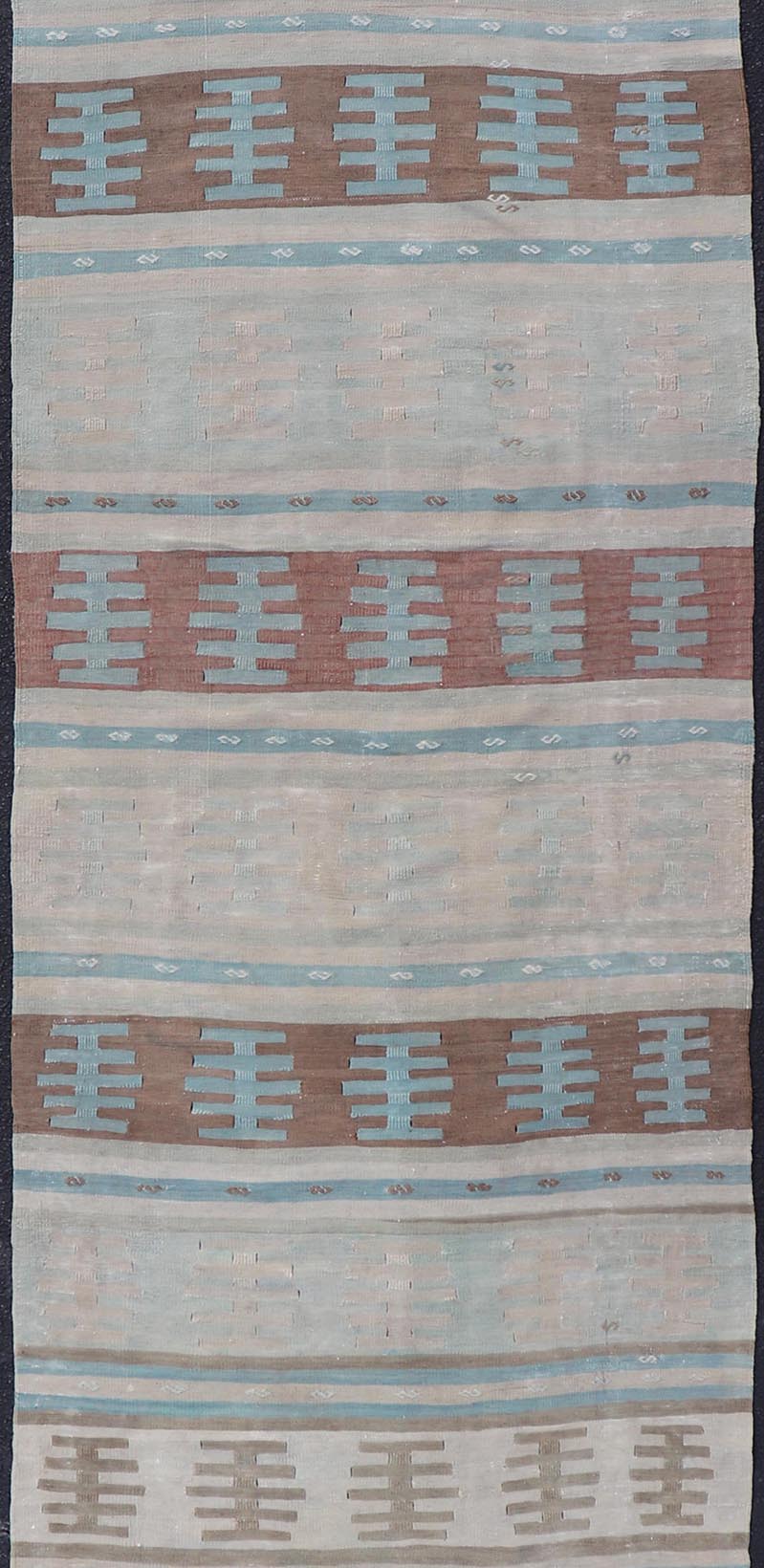 Vintage Turkish Long Kilim Runner with Stripe And Tribal Design in Muted Colors. Minimalist stripe design Kilim runner from Turkey, rug EN - 14223, country of origin / type: Turkey / Kilim, circa 1950 Measures: 3'10 x 13'2 This vintage flat - woven ... - Keivan Woven ArtsEN - 14223 - 23565Rug