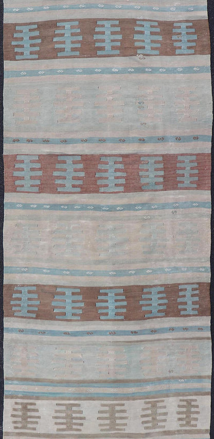 Vintage Turkish Long Kilim Runner with Stripe And Tribal Design in Muted Colors. Minimalist stripe design Kilim runner from Turkey, rug EN - 14223, country of origin / type: Turkey / Kilim, circa 1950 Measures: 3'10 x 13'2 This vintage flat - woven ... - Keivan Woven ArtsEN - 14223 - 23565Rug