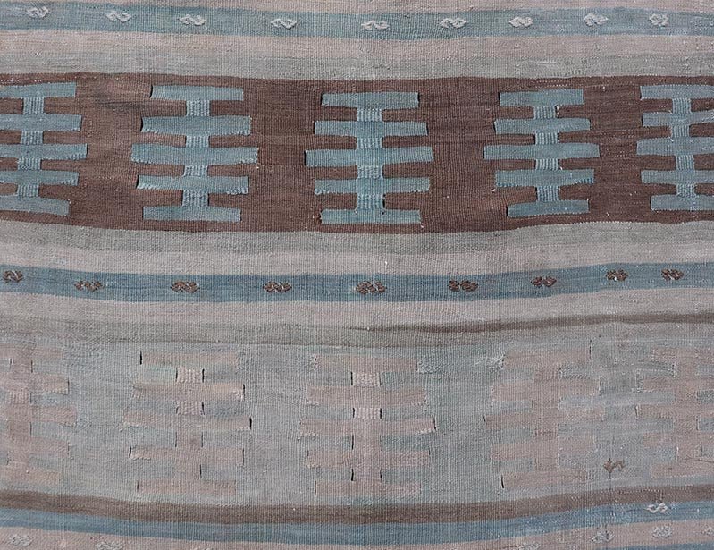 Vintage Turkish Long Kilim Runner with Stripe And Tribal Design in Muted Colors. Minimalist stripe design Kilim runner from Turkey, rug EN - 14223, country of origin / type: Turkey / Kilim, circa 1950 Measures: 3'10 x 13'2 This vintage flat - woven ... - Keivan Woven ArtsEN - 14223 - 23565Rug