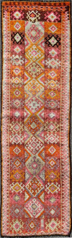 Tribal Turkish Runner with Colorful All - Over Diamond Design. Dimensions: 2'11 x 9'4. This geometric and tribal rug demonstrates an ostentatious side of modern design Turkish weaving. The various shades of red, softened by age, pair elegantly ... - Keivan Woven ArtsEN - 142235 - 8044