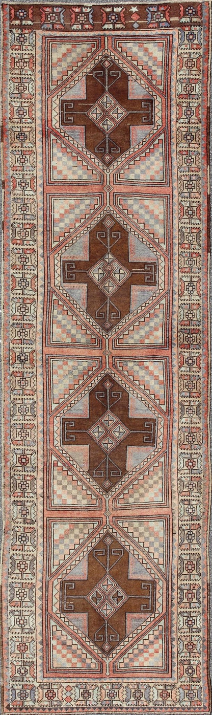 Multicolored pastel vintage Turkish Oushak runner with cross shapes design, rug en - 142351, country of origin / type: Turkey / Oushak, circa 1940 This vintage Turkish Oushak runner (circa 1940) features a unique blend of colors and an intricately... - Keivan Woven ArtsEN - 142351 - 8371Rug