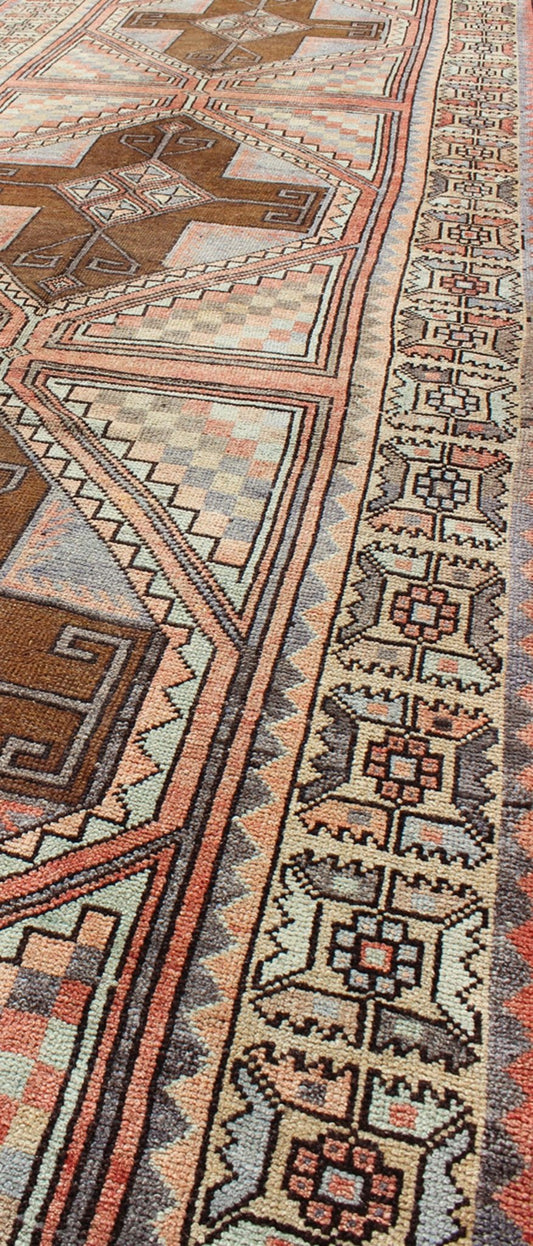 Multicolored pastel vintage Turkish Oushak runner with cross shapes design, rug en - 142351, country of origin / type: Turkey / Oushak, circa 1940 This vintage Turkish Oushak runner (circa 1940) features a unique blend of colors and an intricately... - Keivan Woven ArtsEN - 142351 - 8371