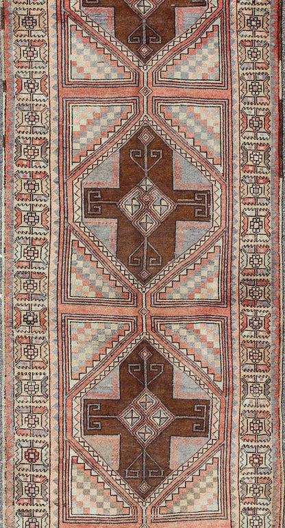 Multicolored pastel vintage Turkish Oushak runner with cross shapes design, rug en - 142351, country of origin / type: Turkey / Oushak, circa 1940 This vintage Turkish Oushak runner (circa 1940) features a unique blend of colors and an intricately... - Keivan Woven ArtsEN - 142351 - 8371Rug