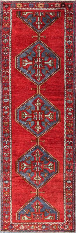 En - 142354, 1940s Vintage Turkish Oushak Gallery Rug Colorful Turkish Oushak Runner in Various Shades of Red, Blue, and Yellow This Turkish Oushak runner features Multiple medallions as well as patterns of smaller, geometric motifs. Colors includ... - Keivan Woven ArtsEN - 142354 - 8375Rug