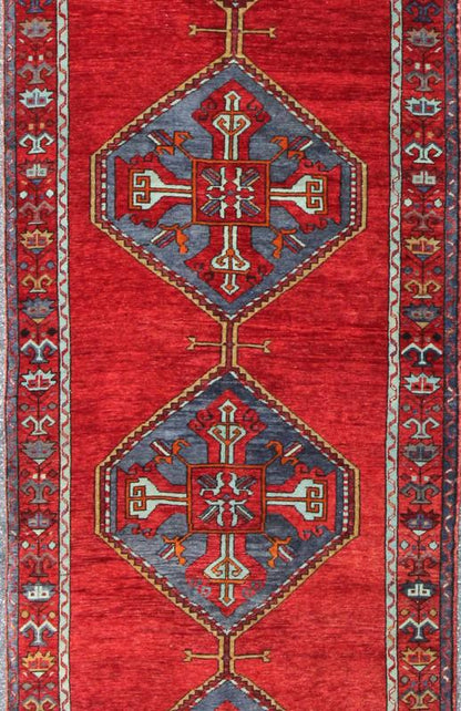 En - 142354, 1940s Vintage Turkish Oushak Gallery Rug Colorful Turkish Oushak Runner in Various Shades of Red, Blue, and Yellow This Turkish Oushak runner features Multiple medallions as well as patterns of smaller, geometric motifs. Colors includ... - Keivan Woven ArtsEN - 142354 - 8375Rug