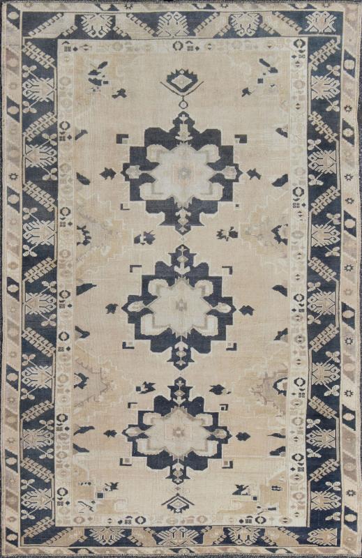 Vintage Hand Knotted Turkish Oushak With Medallion Design in Cream and Blue Handwoven in Turkey, this vintage Oushak rug features three large medallions in navy blue color. The repeating medallions are brought to life on a light cream background... - Keivan Woven ArtsEN - 142360 - 8048Rug
