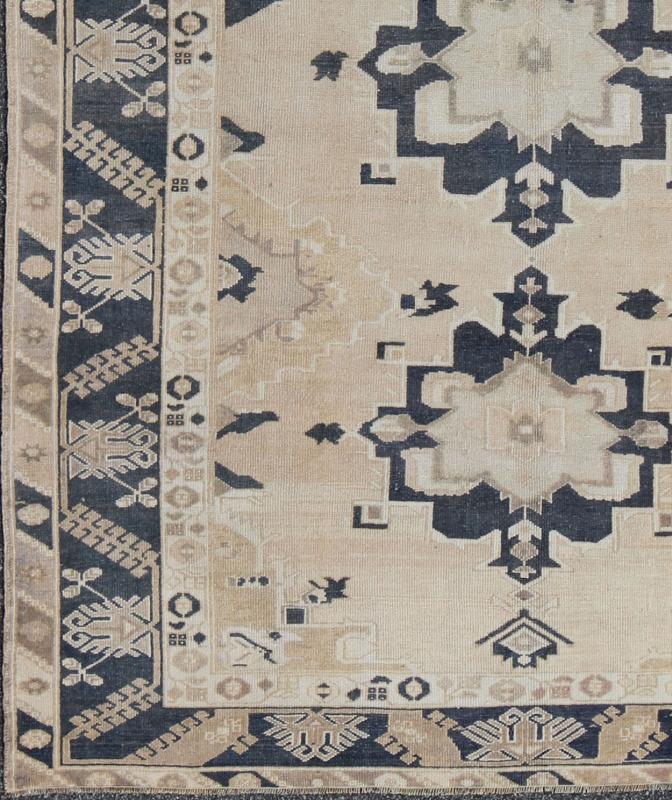 Vintage Hand Knotted Turkish Oushak With Medallion Design in Cream and Blue Handwoven in Turkey, this vintage Oushak rug features three large medallions in navy blue color. The repeating medallions are brought to life on a light cream background... - Keivan Woven ArtsEN - 142360 - 8048Rug