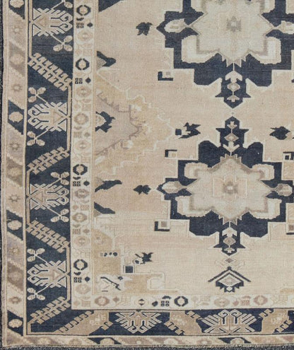 Vintage Hand Knotted Turkish Oushak With Medallion Design in Cream and Blue Handwoven in Turkey, this vintage Oushak rug features three large medallions in navy blue color. The repeating medallions are brought to life on a light cream background... - Keivan Woven ArtsEN - 142360 - 8048Rug
