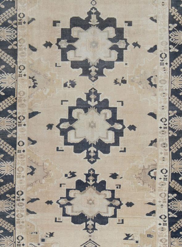 Vintage Hand Knotted Turkish Oushak With Medallion Design in Cream and Blue Handwoven in Turkey, this vintage Oushak rug features three large medallions in navy blue color. The repeating medallions are brought to life on a light cream background... - Keivan Woven ArtsEN - 142360 - 8048Rug