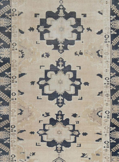 Vintage Hand Knotted Turkish Oushak With Medallion Design in Cream and Blue Handwoven in Turkey, this vintage Oushak rug features three large medallions in navy blue color. The repeating medallions are brought to life on a light cream background... - Keivan Woven ArtsEN - 142360 - 8048Rug