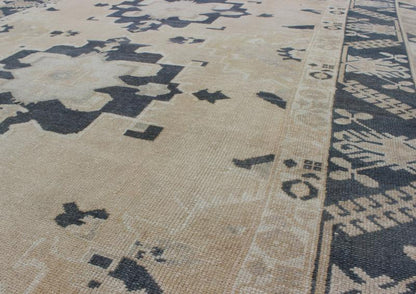 Vintage Hand Knotted Turkish Oushak With Medallion Design in Cream and Blue Handwoven in Turkey, this vintage Oushak rug features three large medallions in navy blue color. The repeating medallions are brought to life on a light cream background... - Keivan Woven ArtsEN - 142360 - 8048Rug
