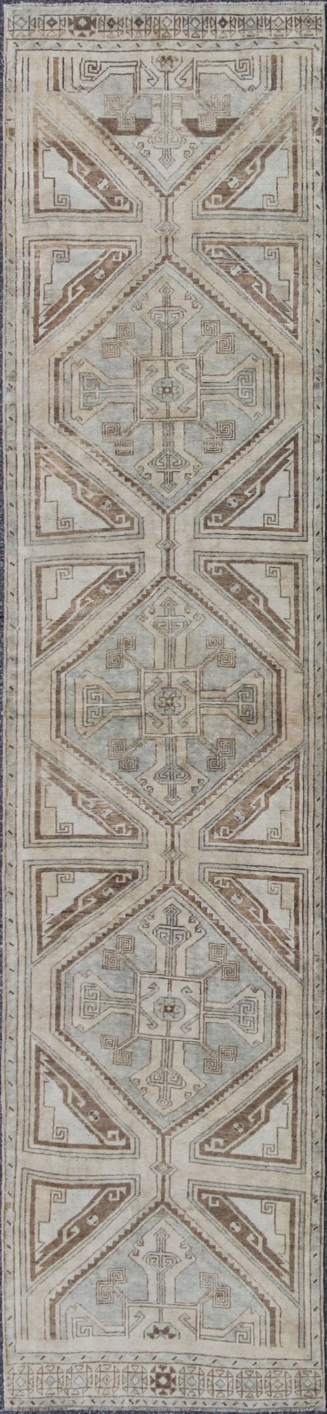 Vintage Turkish Oushak Runner with Ornate Cross Medallions Measures: 2'11'' x 13'3''. This compelling and unique Oushak runner was made in the mid - 20th century in Turkey. Characterized by a comely and highly representative Oushak composition,... - Keivan Woven ArtsEN - 142365 - 7851Rug