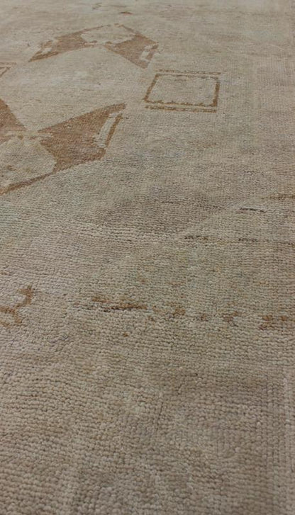 Vintage Oushak Turkish Runner with Ivory, Taupe and Light Brown and Faint Green Measures: 3'4'' x 11'8''. This beautiful vintage Oushak runner from mid - 20th century Turkey features a classic geometric Oushak design. The faint ivory groun... - Keivan Woven ArtsEN - 142367 - 8052Rug
