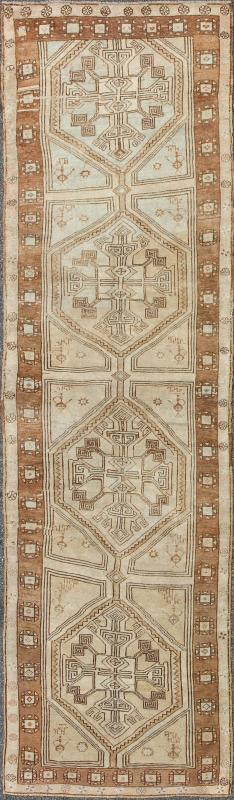 Brown, Camel, Ivory Long Turkish Oushak Runner with Geometric Tribal Medallions This vintage Turkish Oushak gallery rug (circa mid - 20th century) features a unique blend of colors and an intricately beautiful design. The central medallions consis... - Keivan Woven ArtsEN - 142368 - 8379Rug