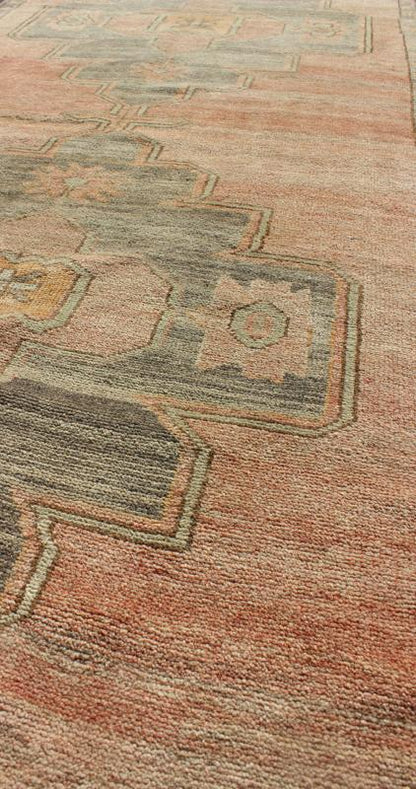 Coral and Pink Turkish Oushak Runner with Medallion Design. Measures: 3'0'' x 11'4''. This lovely Oushak features three center medallions in light grey with a coral central field, characterized by floral blossoms and trellis motifs. The softl... - Keivan Woven ArtsEN - 142371 - 8058Rug