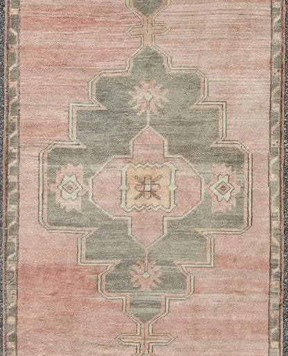 Coral and Pink Turkish Oushak Runner with Medallion Design. Measures: 3'0'' x 11'4''. This lovely Oushak features three center medallions in light grey with a coral central field, characterized by floral blossoms and trellis motifs. The softl... - Keivan Woven ArtsEN - 142371 - 8058Rug