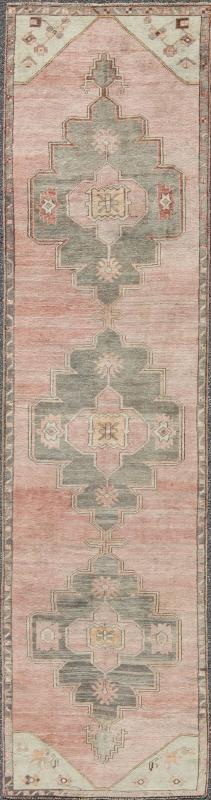 Coral and Pink Turkish Oushak Runner with Medallion Design. Measures: 3'0'' x 11'4''. This lovely Oushak features three center medallions in light grey with a coral central field, characterized by floral blossoms and trellis motifs. The softl... - Keivan Woven ArtsEN - 142371 - 8058Rug