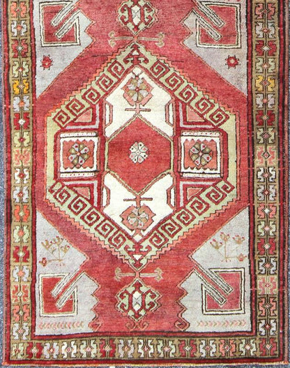Vintage Turkish Oushak Gallery Runner With Geometric Design in Red, Olive Green kwarugs This Turkish Oushak Keivan Woven Arts / runner, from the mid - 20th century Oushak, features a central medallion design as well as patterns of smaller, all... - Keivan Woven ArtsEN - 142386 - 8383Rug