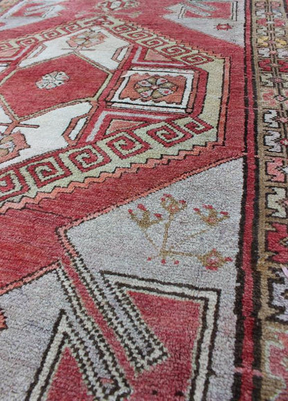 Vintage Turkish Oushak Gallery Runner With Geometric Design in Red, Olive Green kwarugs This Turkish Oushak Keivan Woven Arts / runner, from the mid - 20th century Oushak, features a central medallion design as well as patterns of smaller, all... - Keivan Woven ArtsEN - 142386 - 8383Rug