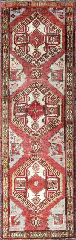 Vintage Turkish Oushak Gallery Runner With Geometric Design in Red, Olive Green kwarugs This Turkish Oushak Keivan Woven Arts / runner, from the mid - 20th century Oushak, features a central medallion design as well as patterns of smaller, all... - Keivan Woven ArtsEN - 142386 - 8383Rug