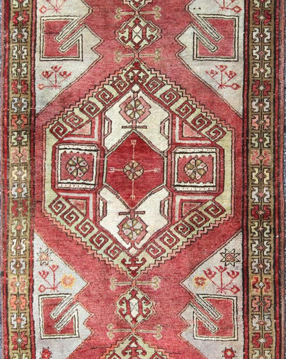 Vintage Turkish Oushak Gallery Runner With Geometric Design in Red, Olive Green kwarugs This Turkish Oushak Keivan Woven Arts / runner, from the mid - 20th century Oushak, features a central medallion design as well as patterns of smaller, all... - Keivan Woven ArtsEN - 142386 - 8383Rug