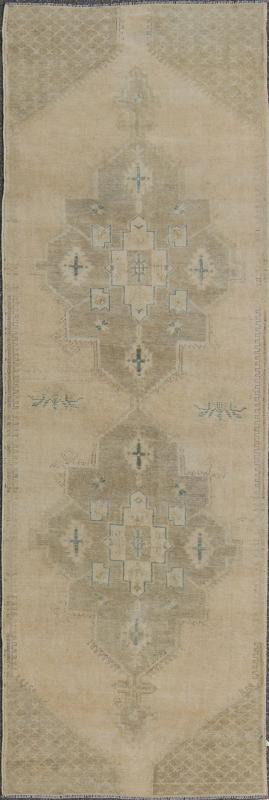 Vintage Turkish Oushak Runner in Neutral & Warm Colors with Tribal Medallions. Oushak Runner, vintage runner Measures: 3'8 x 11'1 This vintage Oushak carpet from mid - 20th century Turkey features a multi - medallion design in the central field... - Keivan Woven ArtsEN - 142391 - 8066Rug