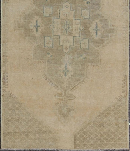 Vintage Turkish Oushak Runner in Neutral & Warm Colors with Tribal Medallions. Oushak Runner, vintage runner Measures: 3'8 x 11'1 This vintage Oushak carpet from mid - 20th century Turkey features a multi - medallion design in the central field... - Keivan Woven ArtsEN - 142391 - 8066Rug